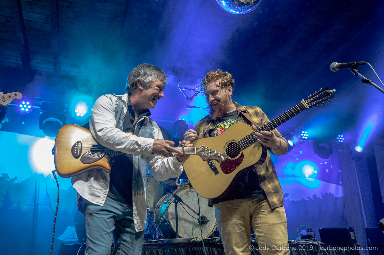 Larry Keel and Tyler Childers share smiles onstage at Devils Backbone Hoopla 2018
