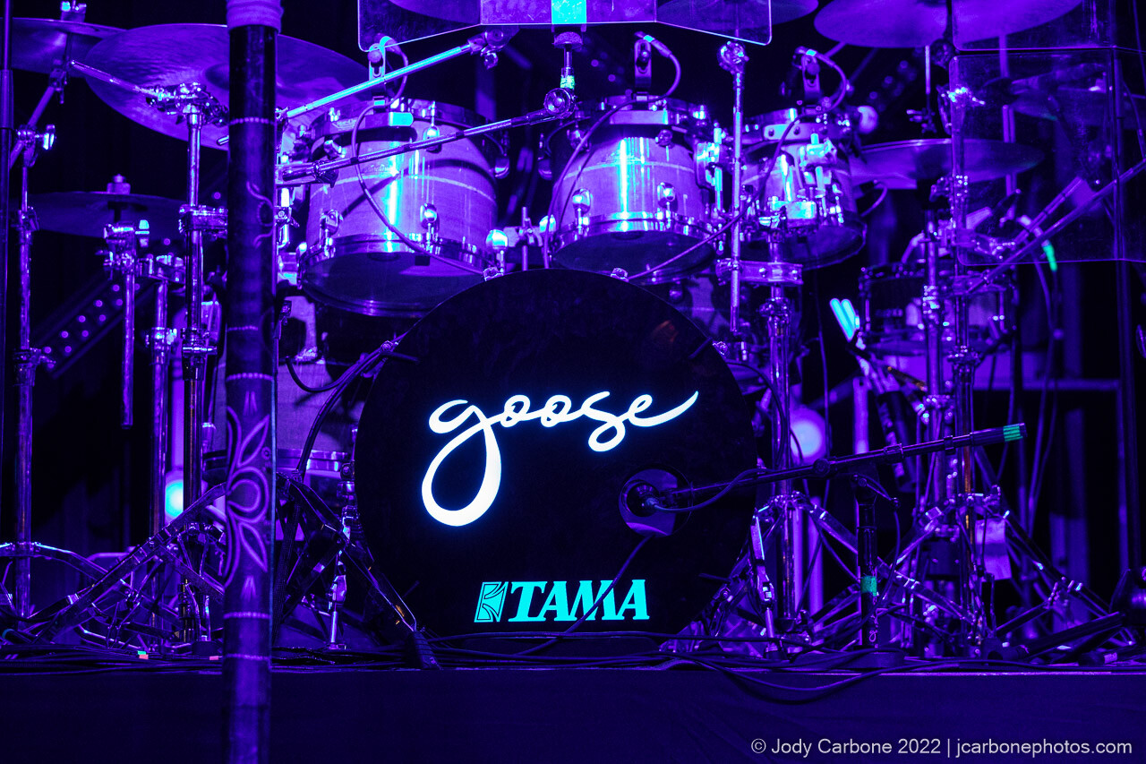 Goose the band logo printed on the front of a TAMA kick drum