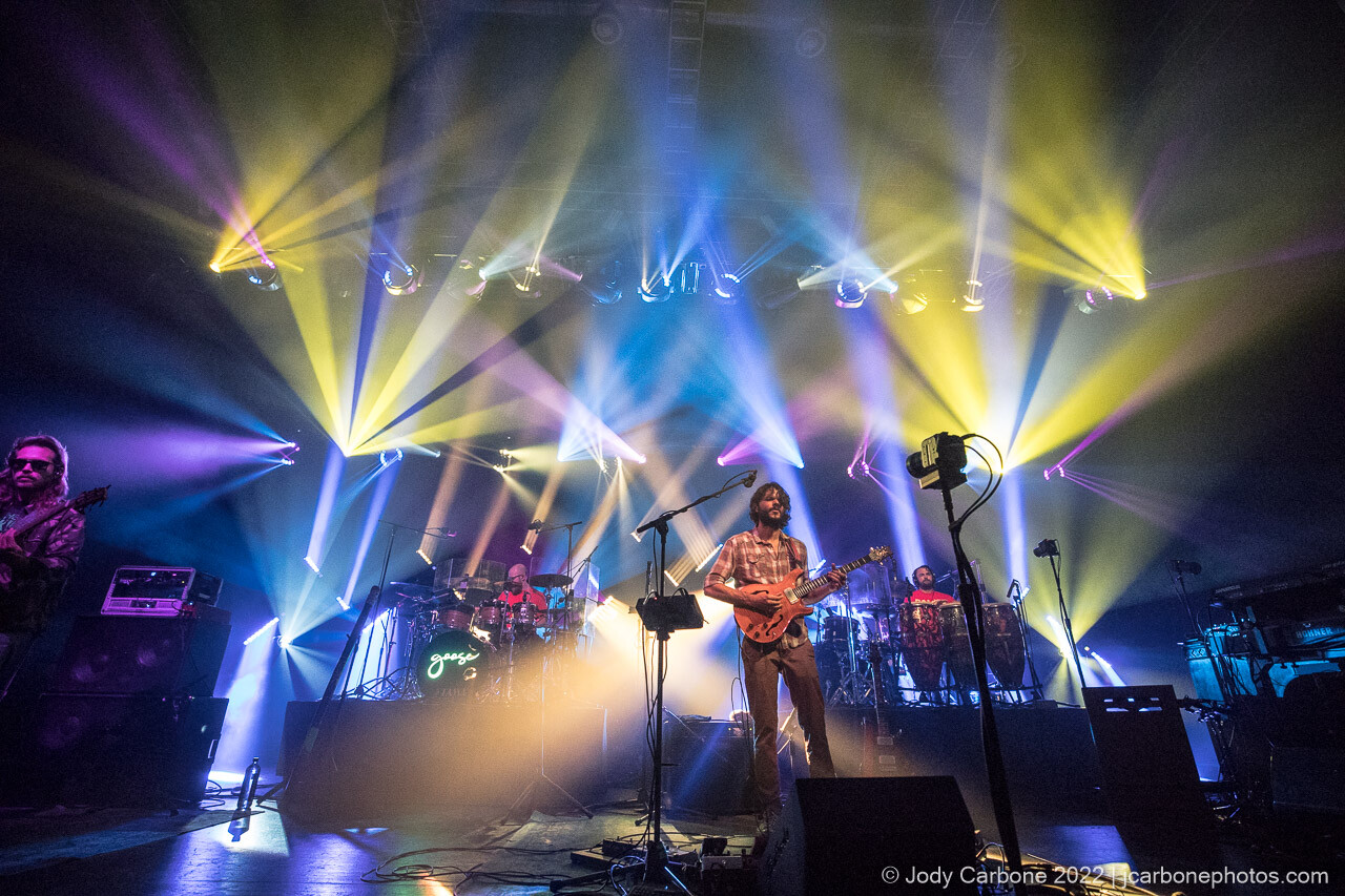 Pretty lights concert photography - Goose the band onstage under cones of light of multiple colors