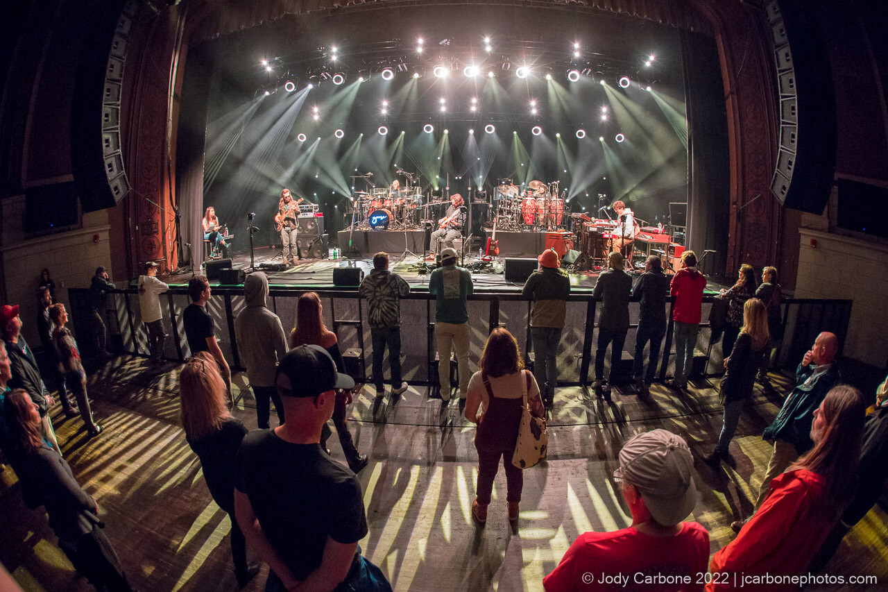 Wide angle photography - WNRN members enjoy soundcheck interview with Goose hosted by WNRN Radio