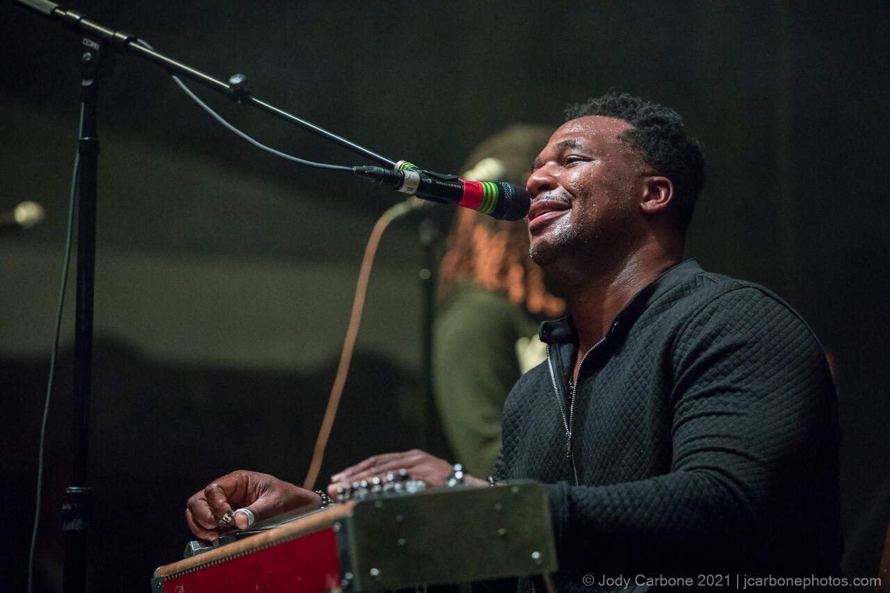 Robert Randolph sitting behind his pedal steel guitar at Rooster Walk Reunion 2021